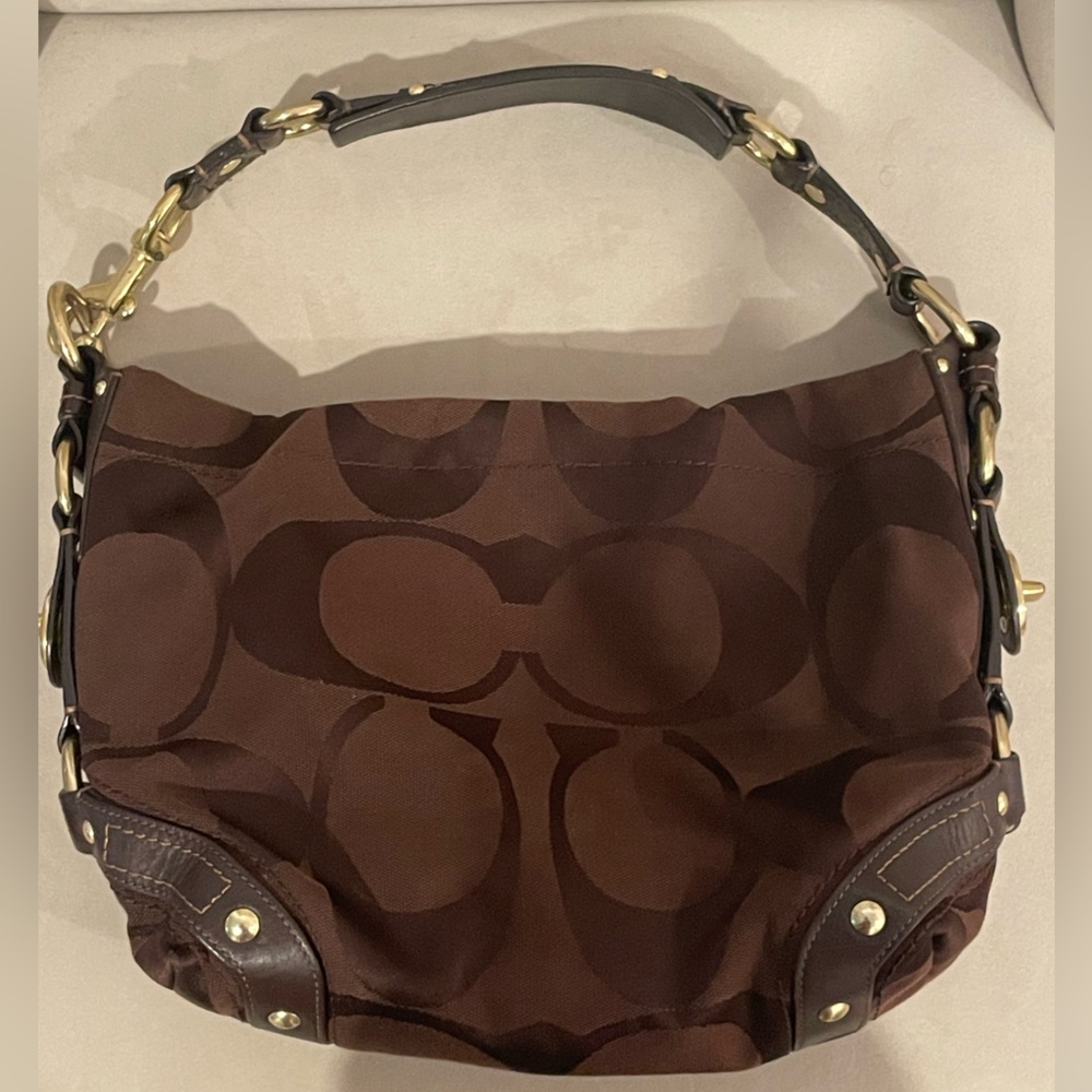 Cafe /Brown Colored Coach Bag Coach Logo Pattern Gold accents Purple Interior